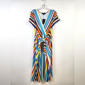 Eloquii Women's Vibrant Multicolor Striped Maxi Dress Front Wrap Tie, sz 14